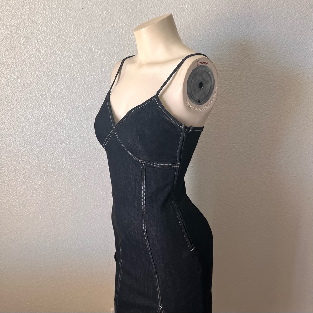 Topshop Black Spaghetti Strap Denim Midi Dress with Slit Front US Size 4 - Picture 3 of 11